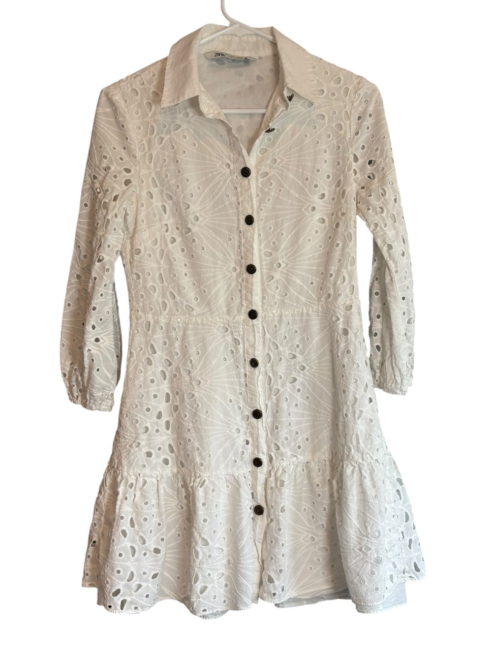 Zara White Eyelet Shirt Dress Collared Button Front Embroidered Size Small - Picture 2 of 10